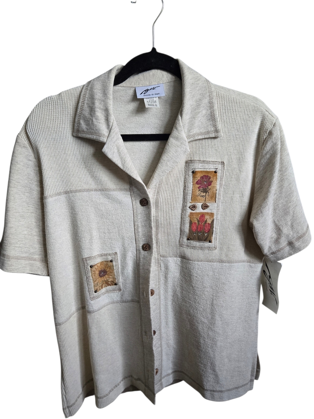 JH NWT Oatmeal Textured Knit Top S Floral Applique Boho Cottagecore